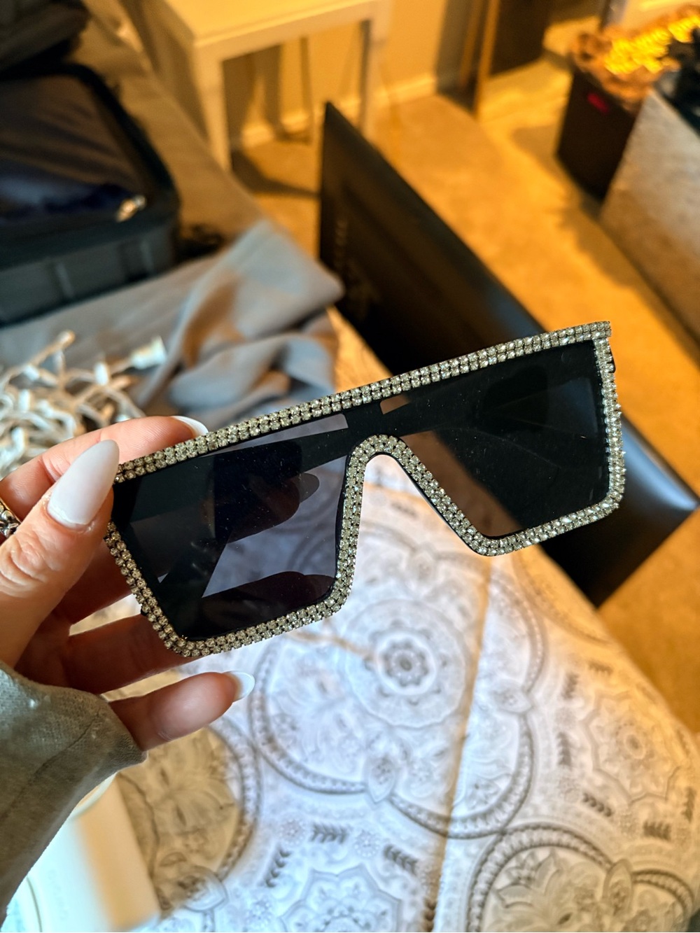 Rhinestone-Trim Black Shield Sunglasses